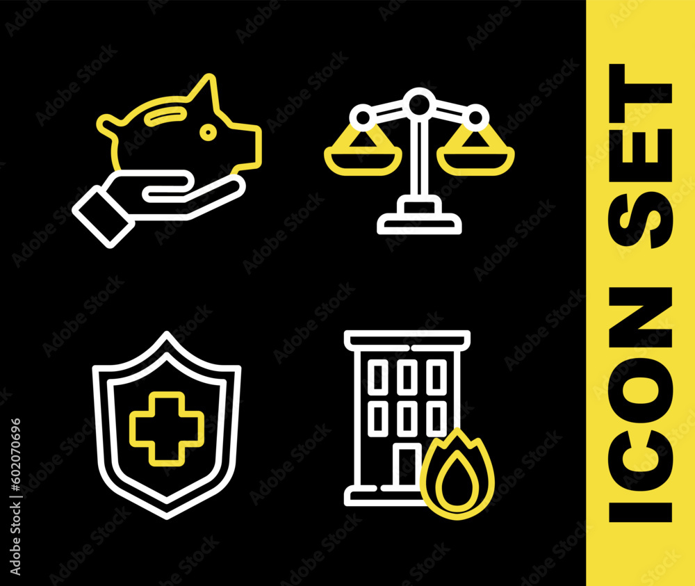 Set line Scales of justice, Fire in burning house, Health insurance and Piggy bank icon. Vector Set line Scales of justice, Fire in burning house, Health insurance and Piggy bank icon. Vector