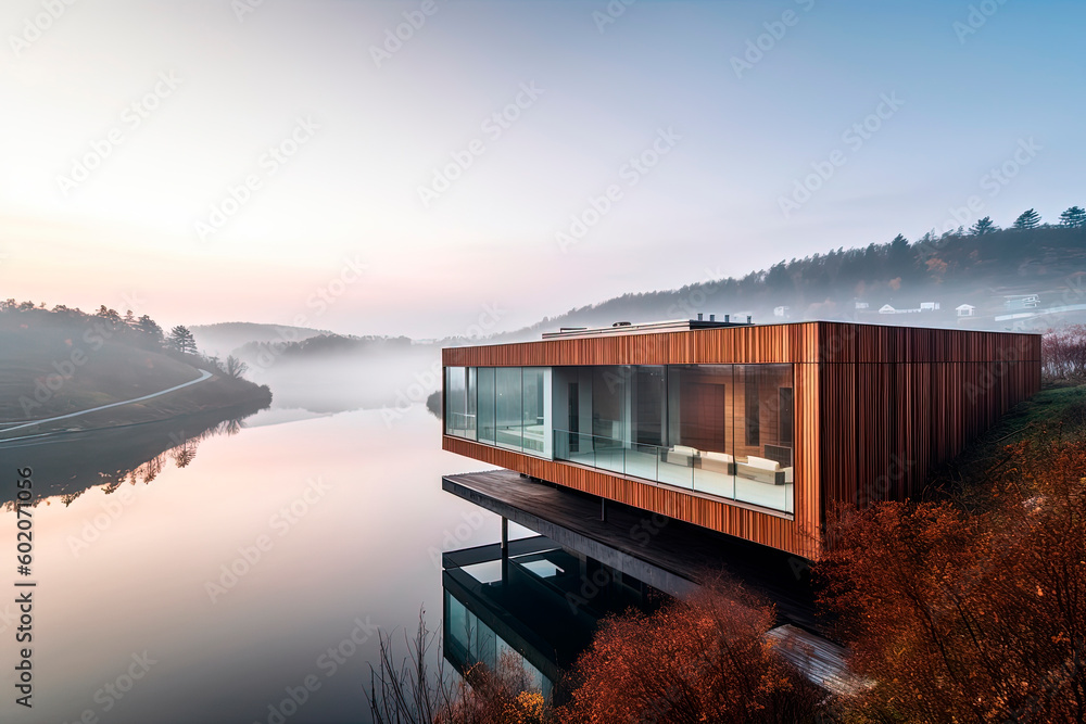 Modern villa, white walls, wood cladding, cosy. Generative AI Stock