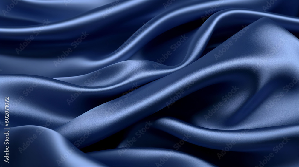 Fototapeta premium Navy silk satin fabric texture background with sweeping ripples and folds. A.I. generated. 