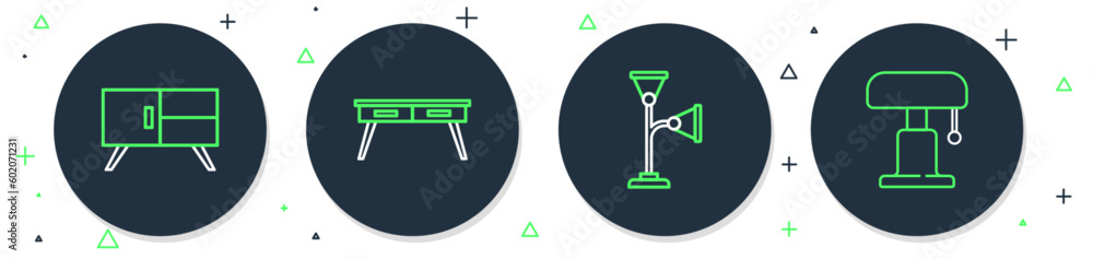 Set line Office desk, Floor lamp, Chest of drawers and Table icon. Vector Set line Office desk, Floor lamp, Chest of drawers and Table icon. Vector