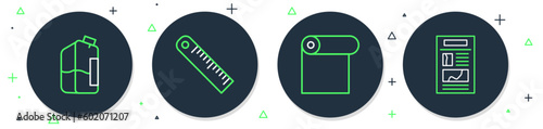 Set line Ruler, Roll of paper, Printer ink bottle and News icon. Vector