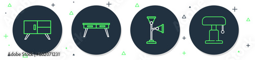 Set line Office desk, Floor lamp, Chest of drawers and Table icon. Vector
