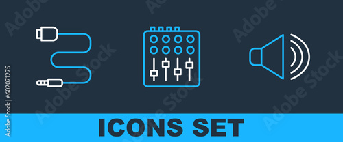 Set line Speaker volume, Audio jack and Sound mixer controller icon. Vector