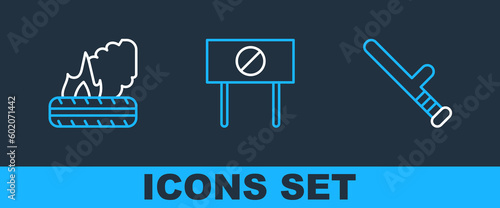 Set line Police rubber baton, Lying burning tires and Protest icon. Vector