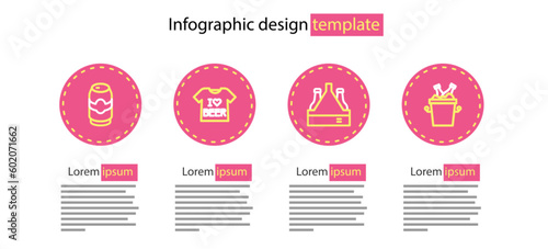 Set line Pack of beer bottles, Beer in ice bucket, T-shirt and can icon. Vector