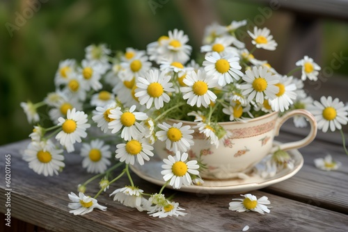 Chamomile Teacup on Wooden Table in Spring.