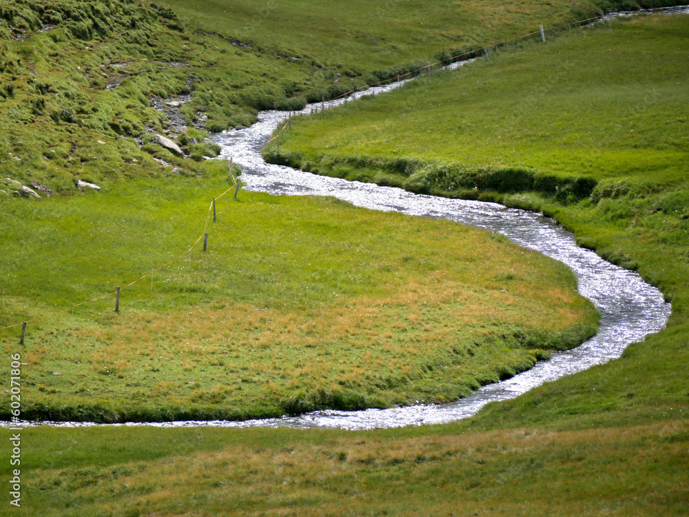 meandering creek in a green mountain meadow meandering creek in a green mountain meadow
