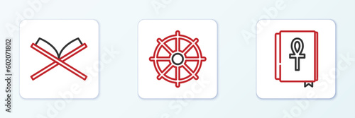 Set line Cross ankh book, Holy of Koran and Dharma wheel icon. Vector
