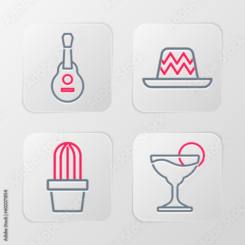 Set line Margarita cocktail  Cactus or succulent in pot  Mexican sombrero and guitar icon. Vector