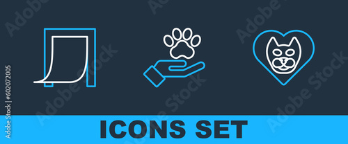 Set line Heart with cat, Door for pet and Hands animals footprint icon. Vector