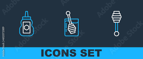 Set line Honey dipper stick, Jar of honey and icon. Vector