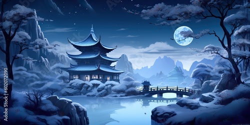 AI Generated. Asian chinese cartoon style blue colors pagoda temple tower landscape. AI Generative. Graphic Art © AkimD