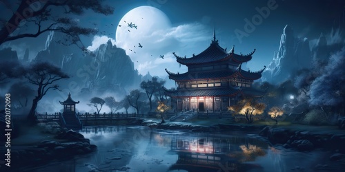 AI Generated. Asian chinese cartoon style blue colors pagoda temple tower landscape. AI Generative. Graphic Art