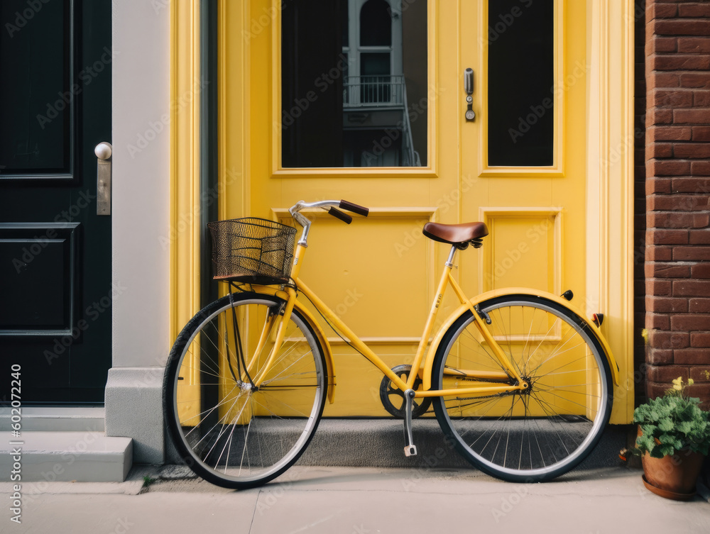 Vintage bicycle in front of a yellow door at the entrance.