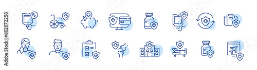 Medical insurance policy. Inpatient services, accident coverage, surgery etc. Pixel perfect, editable stroke line icons set