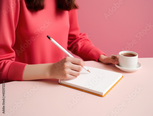 Young woman writing in notebook with cup of coffee on pink background.