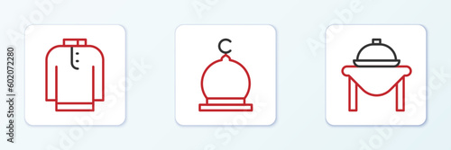 Set line Table food, Shirt kurta and Muslim Mosque icon. Vector