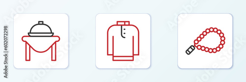 Set line Rosary beads religion, Table food and Shirt kurta icon. Vector