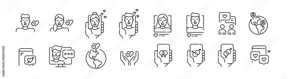 Dating app. International users, all orientations looking for romantic relationships. Pixel perfect, editable stroke line icons set Dating app. International users, all orientations looking for romantic relationships. Pixel perfect, editable stroke line icons set