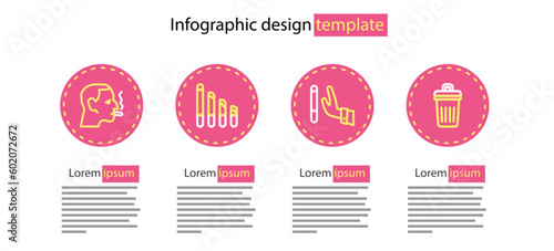 Set line Giving up cigarette, Trash can, Smoking and Man smoking icon. Vector