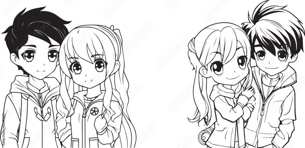 coloring book for kids, anime character, cute lovely couple, boy girl ...