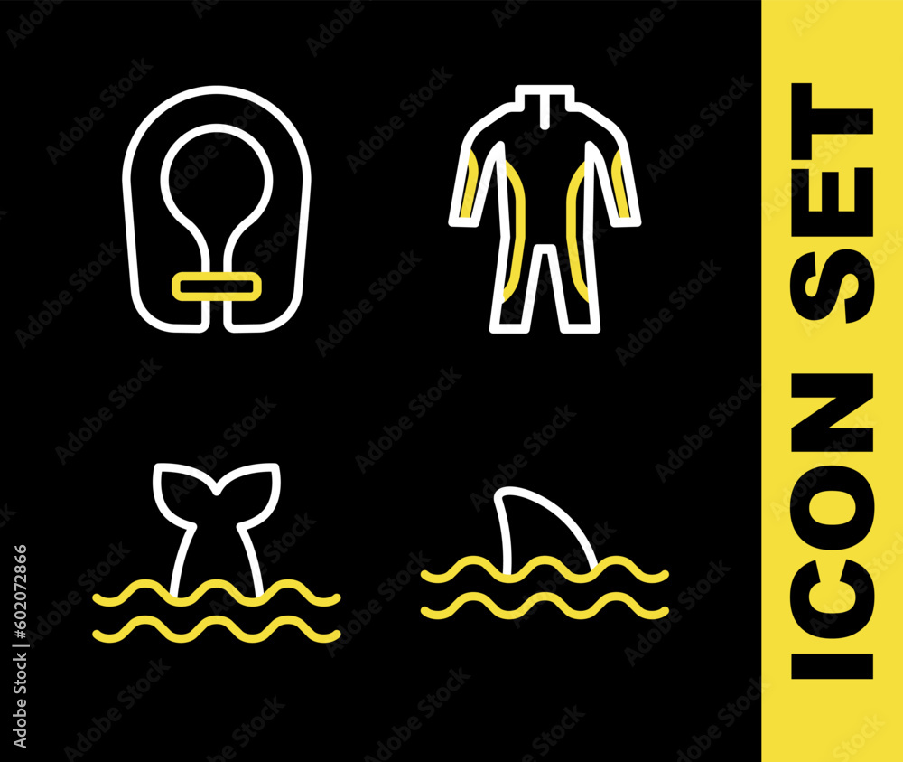 Set line Wetsuit for scuba diving, Shark, Whale tail and Life jacket icon. Vector