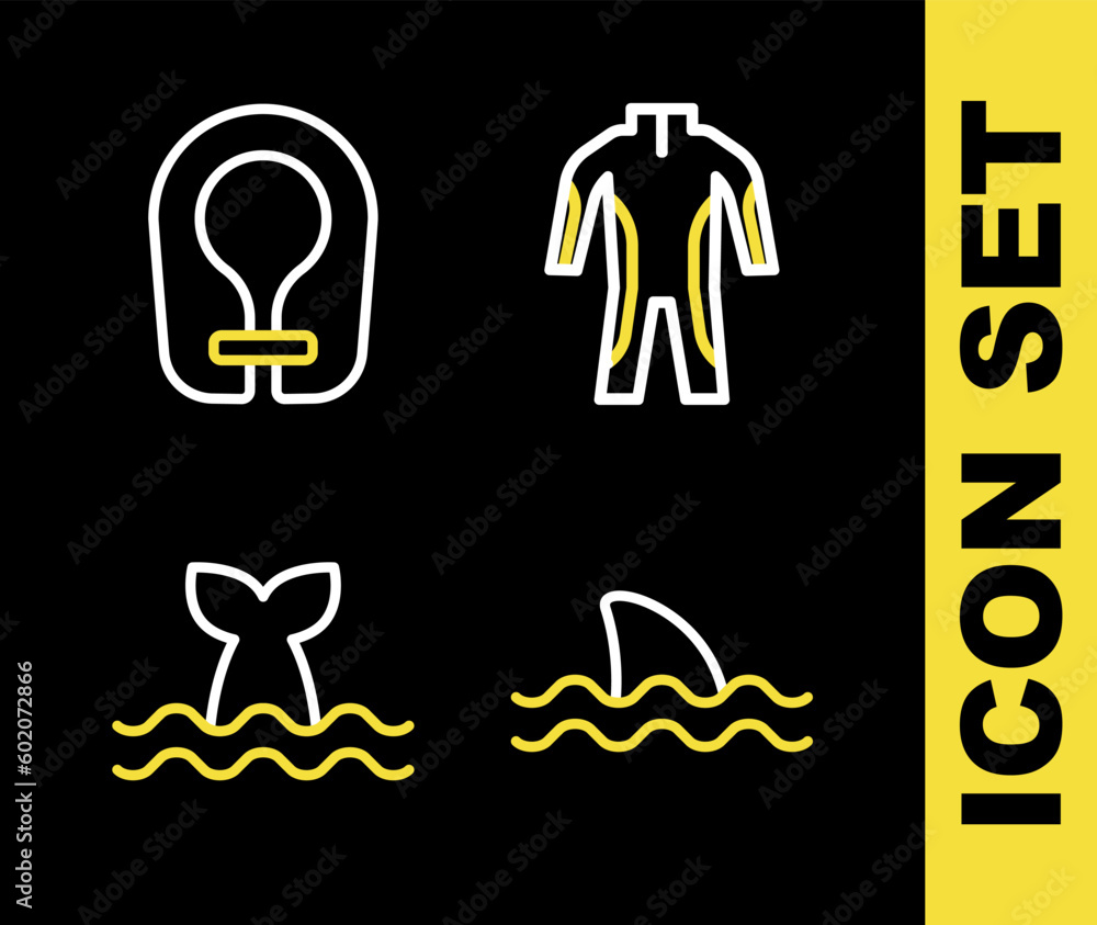 Set line Wetsuit for scuba diving, Shark, Whale tail and Life jacket icon. Vector Set line Wetsuit for scuba diving, Shark, Whale tail and Life jacket icon. Vector