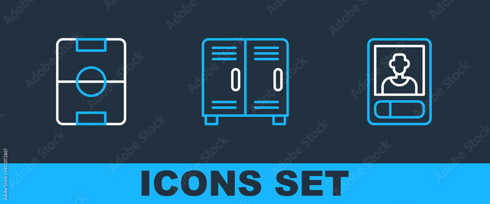 Set line Football or soccer card, field and Locker changing room icon. Vector Set line Football or soccer card, field and Locker changing room icon. Vector