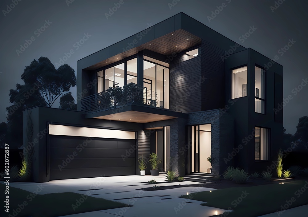 modern house at night, outside of a newly built modern house, black