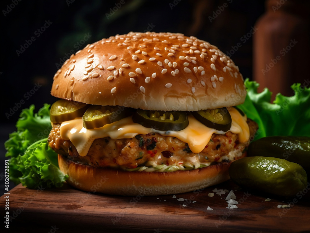 Chicken cheese burger on the wooden table over dark background. Chicken cheese burger on the wooden table over dark background.