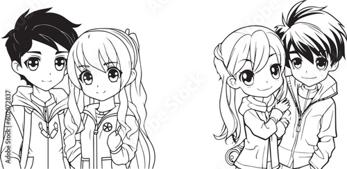 coloring book for kids, anime character, cute lovely couple, boy girl love, 100% editable colorable