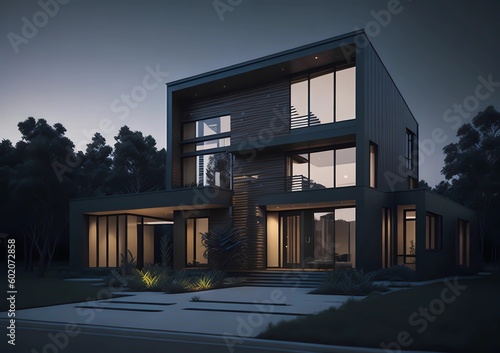modern black house at night, outside of a newly built modern house, by generative ai
