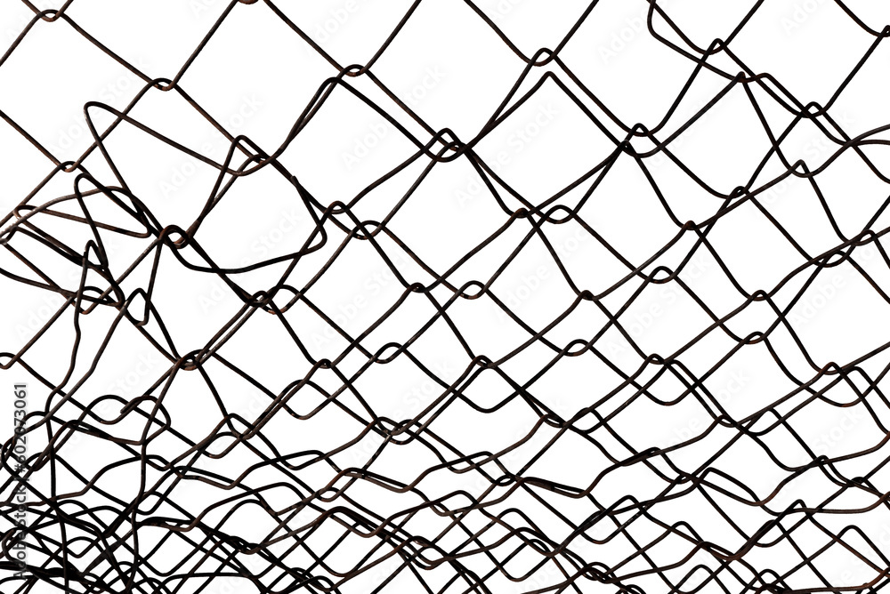 The texture of the metal mesh on a white background. Torn steel, metal mesh with holes The texture of the metal mesh on a white background. Torn steel, metal mesh with holes