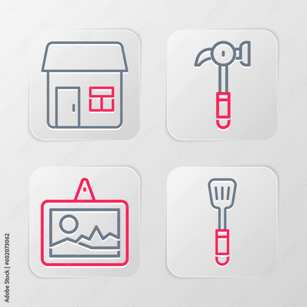 Set line Spatula, Picture, Hammer and House icon. Vector Set line Spatula, Picture, Hammer and House icon. Vector