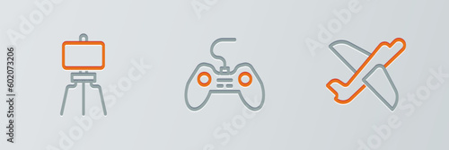 Set line Toy plane, Wood easel and Gamepad icon. Vector