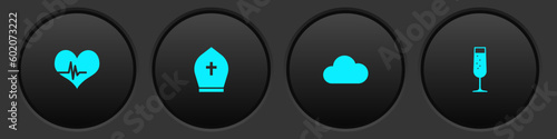 Set Heart rate, Pope hat, Cloud and Glass of champagne icon. Vector