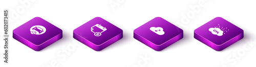 Set Isometric Car sharing, Financial calendar, Music streaming service and Methane emissions reduction icon. Vector