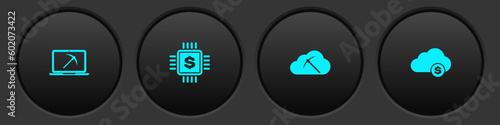 Set Mining with laptop and pickaxe, Processor chip dollar, Cryptocurrency cloud mining and icon. Vector