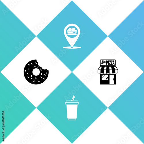 Set Donut, Glass with water, Location burger and Pizzeria building facade icon. Vector