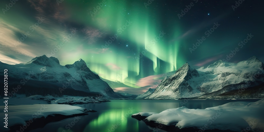 AI Generated. Photo realistic illustration of aurora northern light. Adventure expidition vibe. AI Generative. Graphic Art