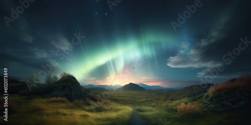 AI Generated. Photo realistic illustration of aurora northern light. Adventure expidition vibe. AI Generative. Graphic Art © AkimD