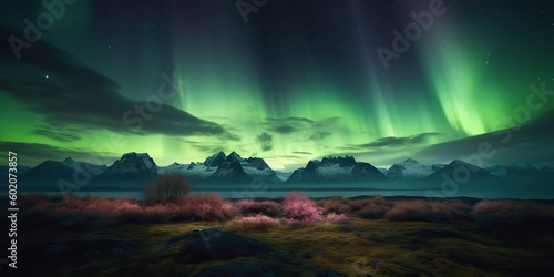 AI Generated. Photo realistic illustration of aurora northern light. Adventure expidition vibe. AI Generative. Graphic Art photo