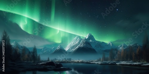 AI Generated. Photo realistic illustration of aurora northern light. Adventure expidition vibe. AI Generative. Graphic Art © AkimD