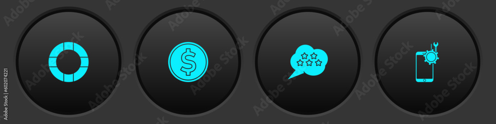 Set Lifebuoy, Coin money with dollar, Five stars rating review and Mobile service icon. Vector Set Lifebuoy, Coin money with dollar, Five stars rating review and Mobile service icon. Vector