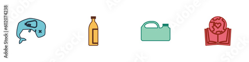 Set Environment protection whale dead, Lotion cosmetic tube, Canister for machine oil and Earth globe and book icon. Vector