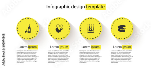 Set Bottle of olive oil, Spanish wineskin, Sagrada Familia and Cheese. Business infographic template. Vector