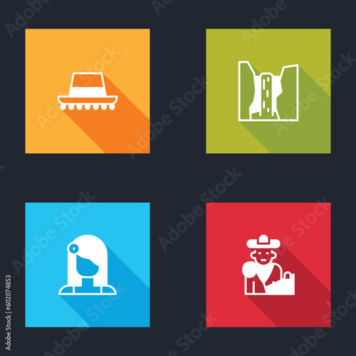 Set Spanish hat, Algar waterfall, woman and Bullfight, matador icon. Vector