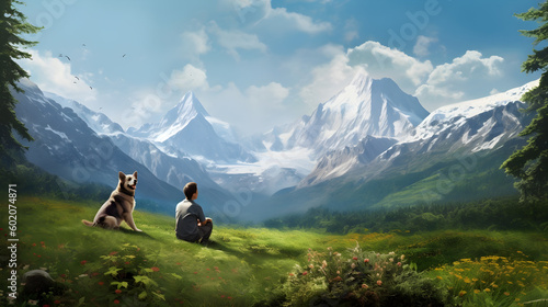 Using generative AI, a scene is depicted of a man and his dog sitting in a mountain meadow, with a lake and peaks in the background