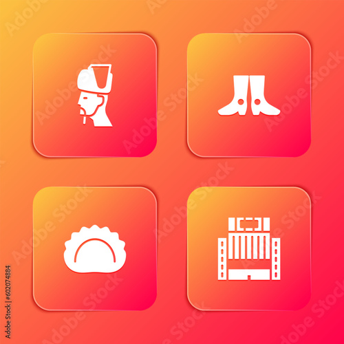 Set Ukrainian cossack  footwear  Dumplings and Hotel Ukraina building icon. Vector