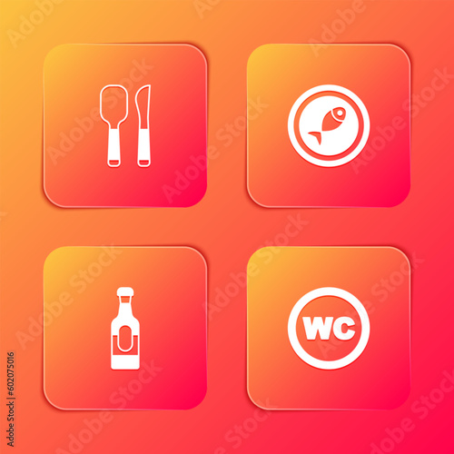 Set Knife and spoon  Served fish plate  Wine bottle and Toilet icon. Vector